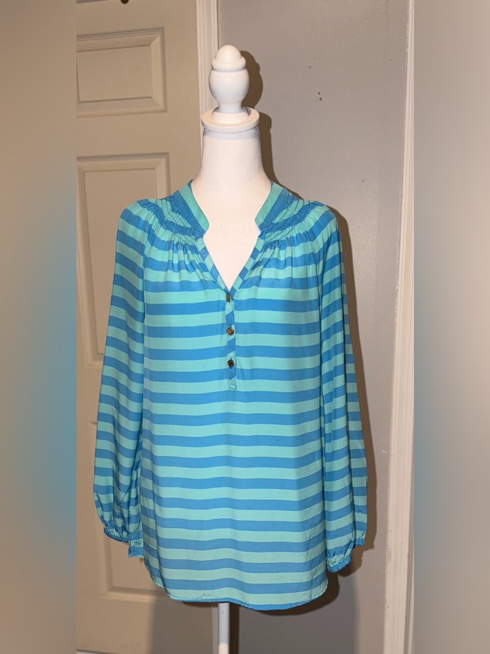 Lilly Pulitzer Aqua and Teal Striped V-Neck Tunic